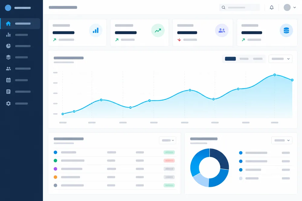 Concept design for a SaaS admin dashboard with a cyan trend graph and metric cards