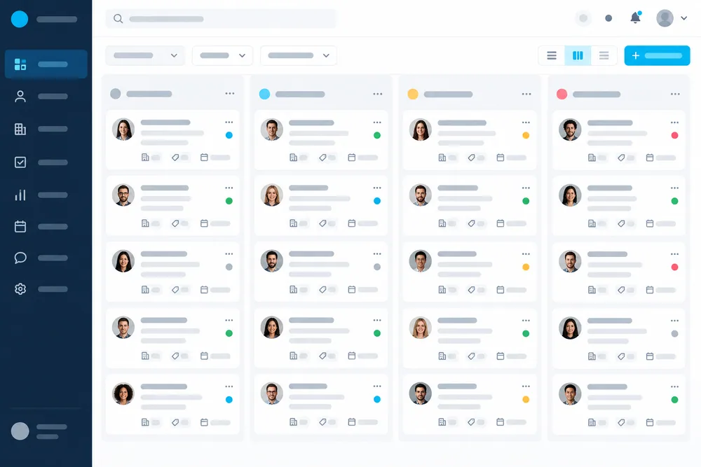 Concept CRM interface with a four-column lead pipeline and contact cards