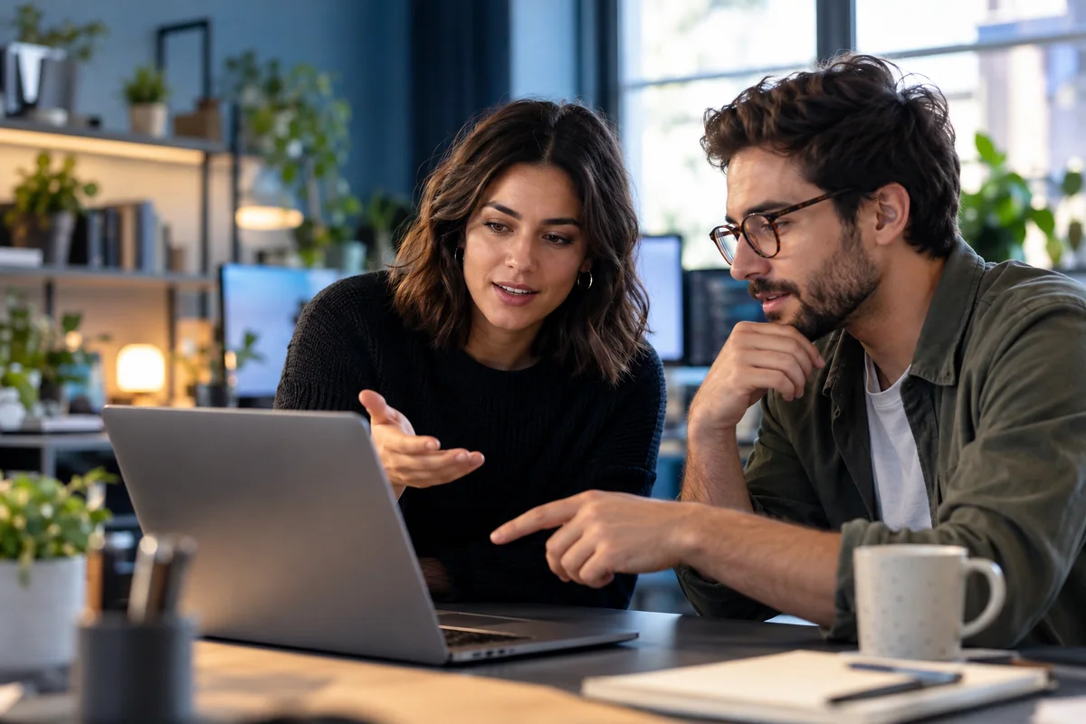 Two professionals sharing ideas while reviewing a product on a laptop